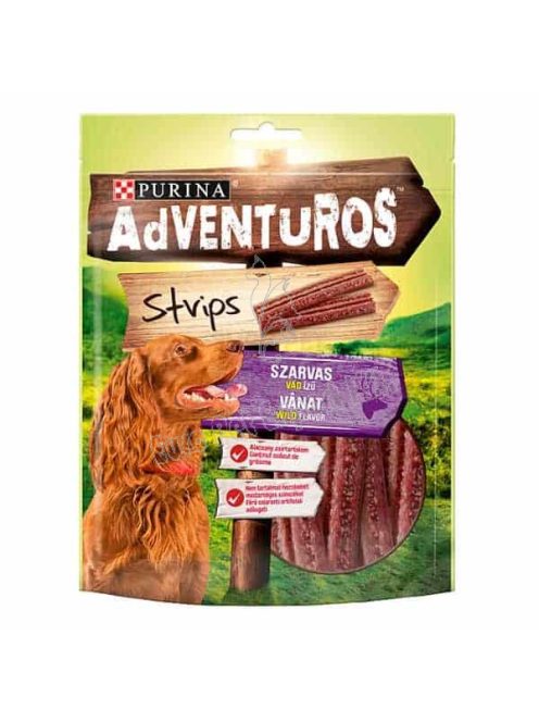 Purina ADVENTUROS szarvas, vad ízű rágcsálnivaló Csíkok 90G – Speciális jutalomfalat kutyáknak.