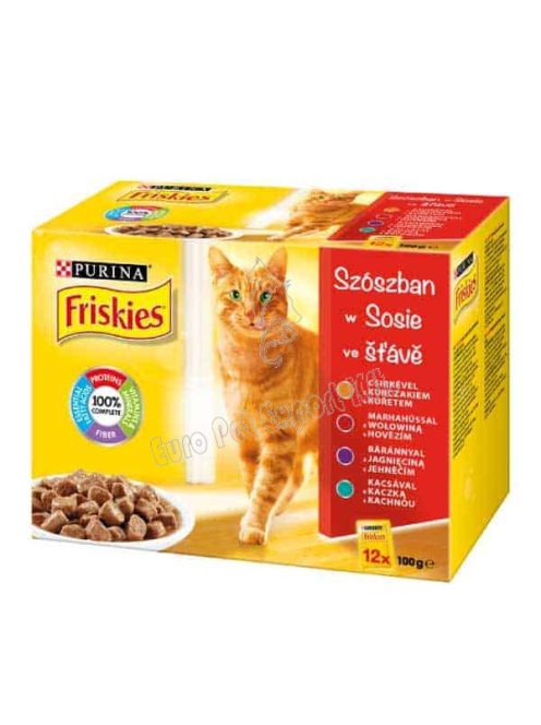 FRISKIES Macskaeledel Szószban – Csirkével, Marhával, Báránnyal, Kacsával 12x85g